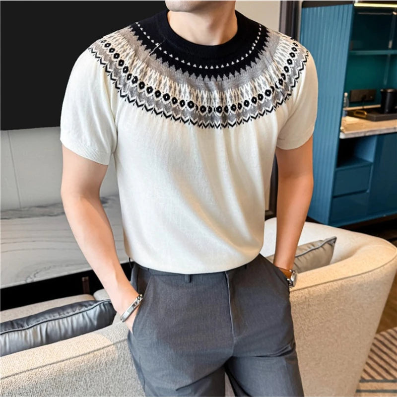 Men's Fair Isle Knitted Short Sleeve T-Shirt -Old Money Style Crewneck Summer Top Vintage Geometric Jacquard Casual Business Tee