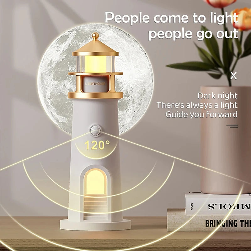 Lighthouse Ambient Light Moon Projection Night Lights Remote Control Bluetooth Music Motion Sensor Creative Desktop Decor Gifts