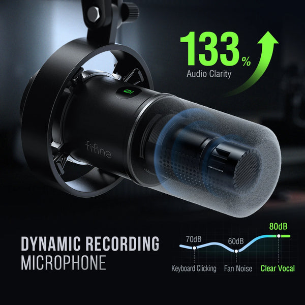 មីក្រូហ្វូនឌីណាមិក FIFINE USB/XLR ជាមួយនឹង Shock Mount, Touch-Mute, រន្ធដោតកាស និងការគ្រប់គ្រងកម្រិតសំឡេង, សម្រាប់ថតសំឡេងលើកុំព្យូទ័រ ឬកាតសំឡេង - K688