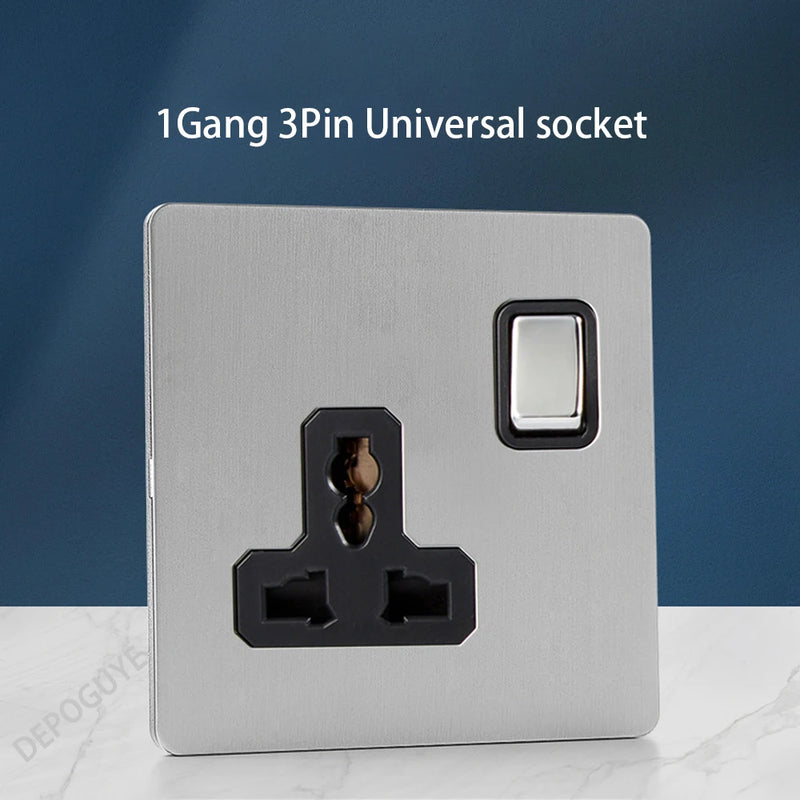 Wall Light Toggle Retro Switch Panel 1-4 Gang 2 Way EU Silver Gray Brushed Stainless Steel Antique Switch Outlet with USB Chargi