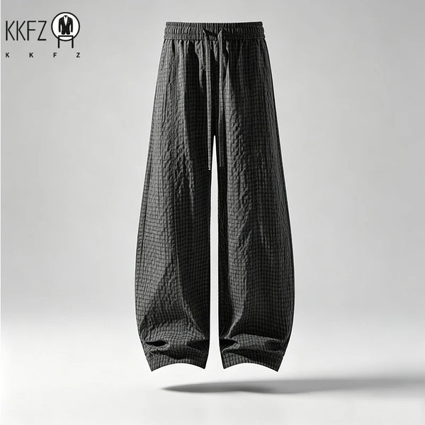 Mens Plaid Crinkle Harem Trousers Elastic Drawstring Waist Loose Fit Breathable Lightweight Outdoor Walking Garment