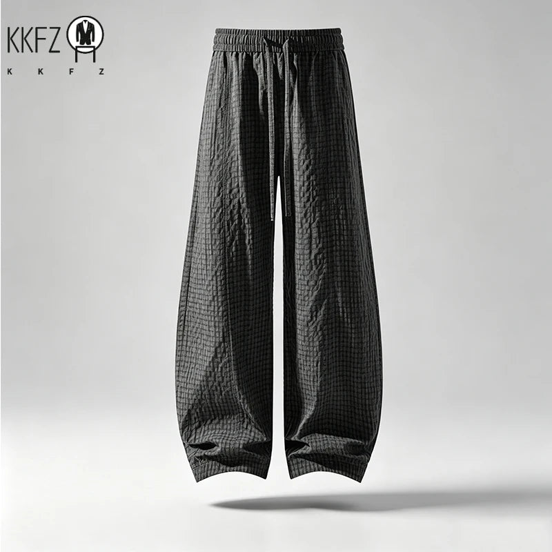 Mens Plaid Crinkle Harem Trousers Elastic Drawstring Waist Loose Fit Breathable Lightweight Outdoor Walking Garment