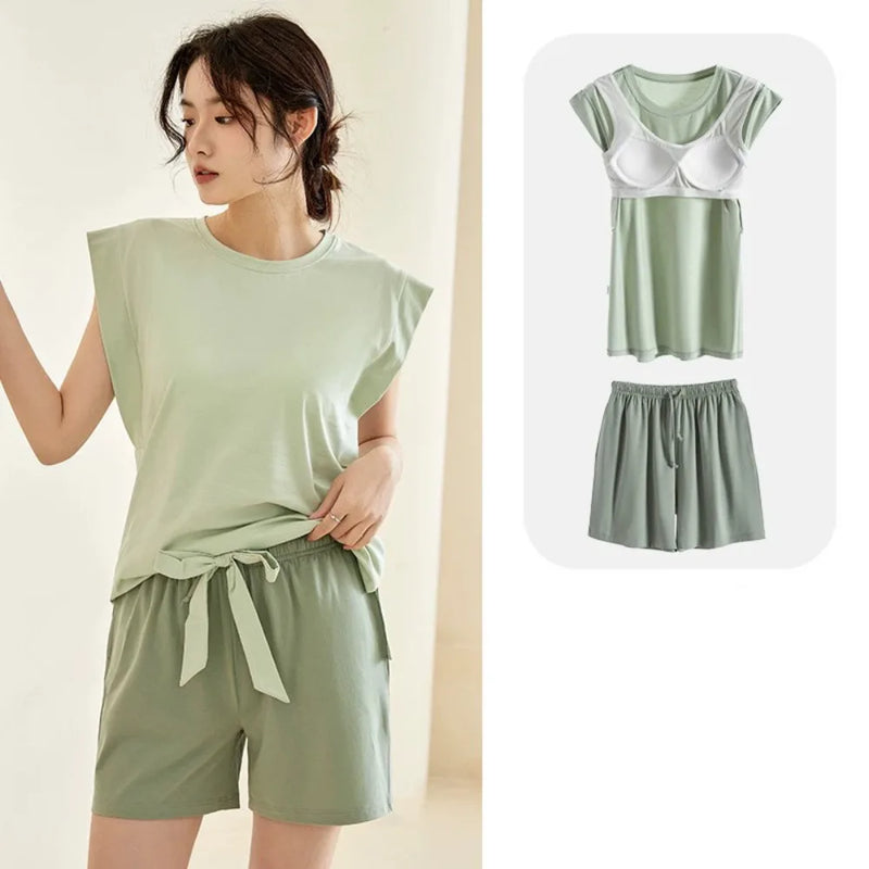 Cotton Nightie with Bra Summer Clothes 2 Piece Set Women's Pajamas Home Wear Women Nightwear Thin Sleeveless Sleepwear Pyjama