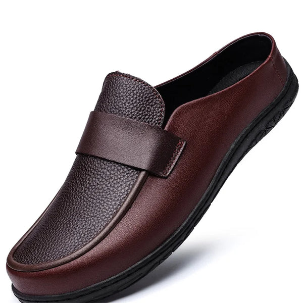 Men Wide Toe Pebble Grain Leather Backless Loafers Closed Toe Slip on Roomy Toe Box Mules Wide Fit Half Shoes Soft Comfort