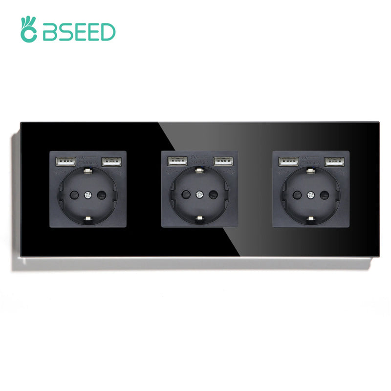 BSEED EU Standard Wall Sockets Single Powerful Outlets Black Double Frame Sockets Glass Panel Triple Sockets Kids Protection 16A