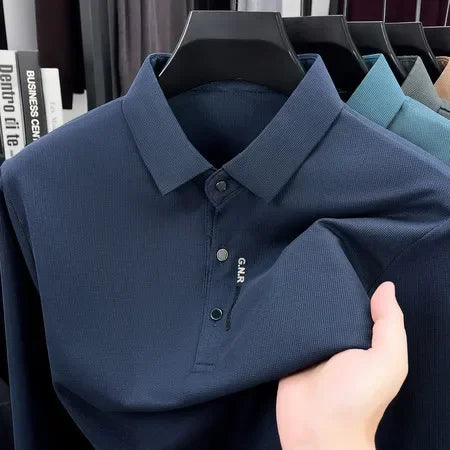 Spring Autumn Mens Lapel Polo Tops High Elastic Wrinkle Resistant Material Simple Chest Letter Print Slim Fit Menswear