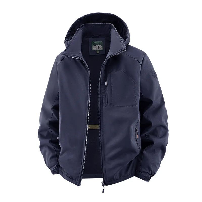 Men's Detachable Hood Jacket, Windproof Waterproof Outdoor Coat, Fleece-Lined Option, Army Green Khaki Navy Black