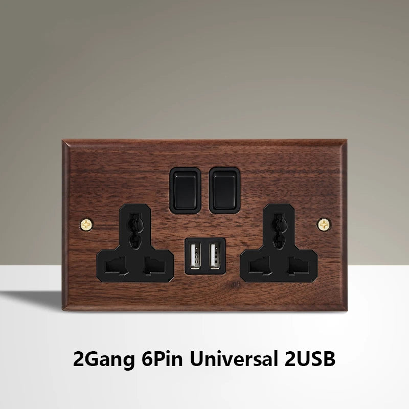 Black Walnut Wood Toggle Light Switch,Home retro Brass Panel,FR UK Universal Double USB Wall Electrical Socket Vintage Switch