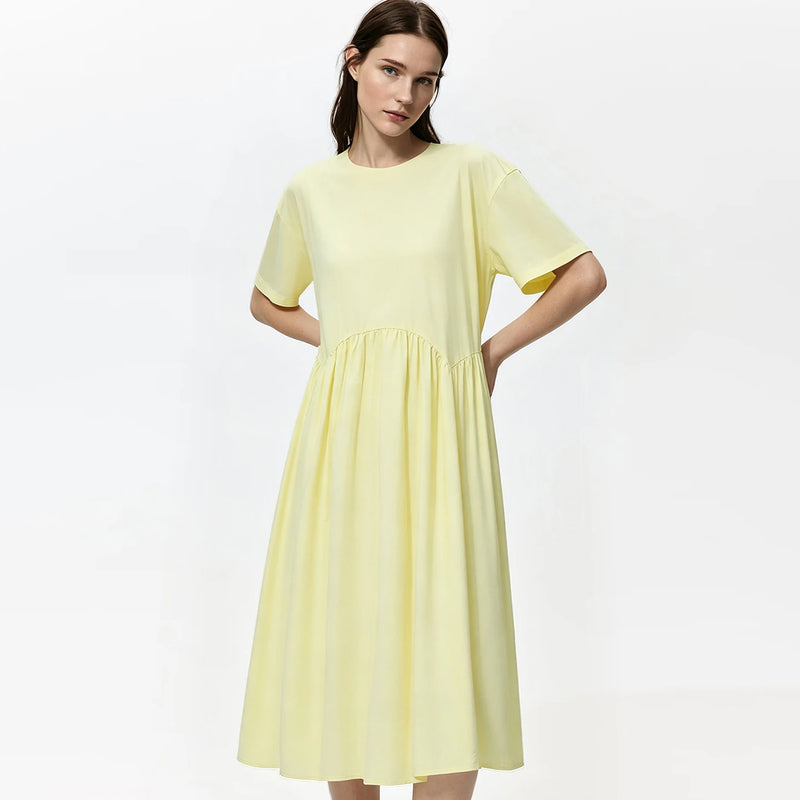 Amii 100% Cotton Midi Dress 2026 Summer New Round Neck Drop Shoulder Short Sleeve Simple Office Casual Dress For Women 12642119