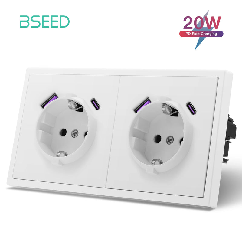 BSEED EU Standard Single Wall Socket 20W Fast Charge USB Type-C Charge Port Double Wall Power Outlets Plastic Frame 16A