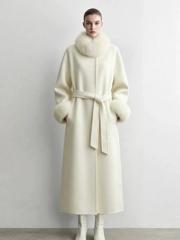 Amii Double-Faced Wool Long Coat Detachable Fur Collar Belted Lapel Commuter Minimalist 2026 Women Winter Coat 12654020