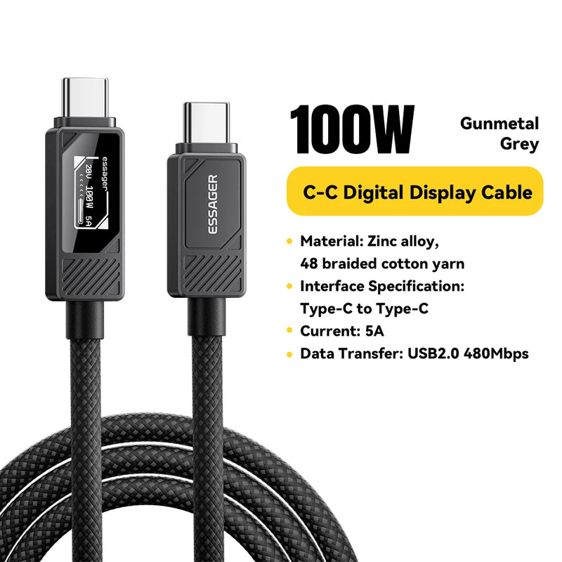 ខ្សែសាក ESSAGER 100W ប្រភេទ C ដល់ C ជាមួយអេក្រង់ឌីជីថល PD ខ្សែសាកលឿនសម្រាប់ MacBook Pro/Air iPhone 16/15/14 iPad ខ្សែ USB C