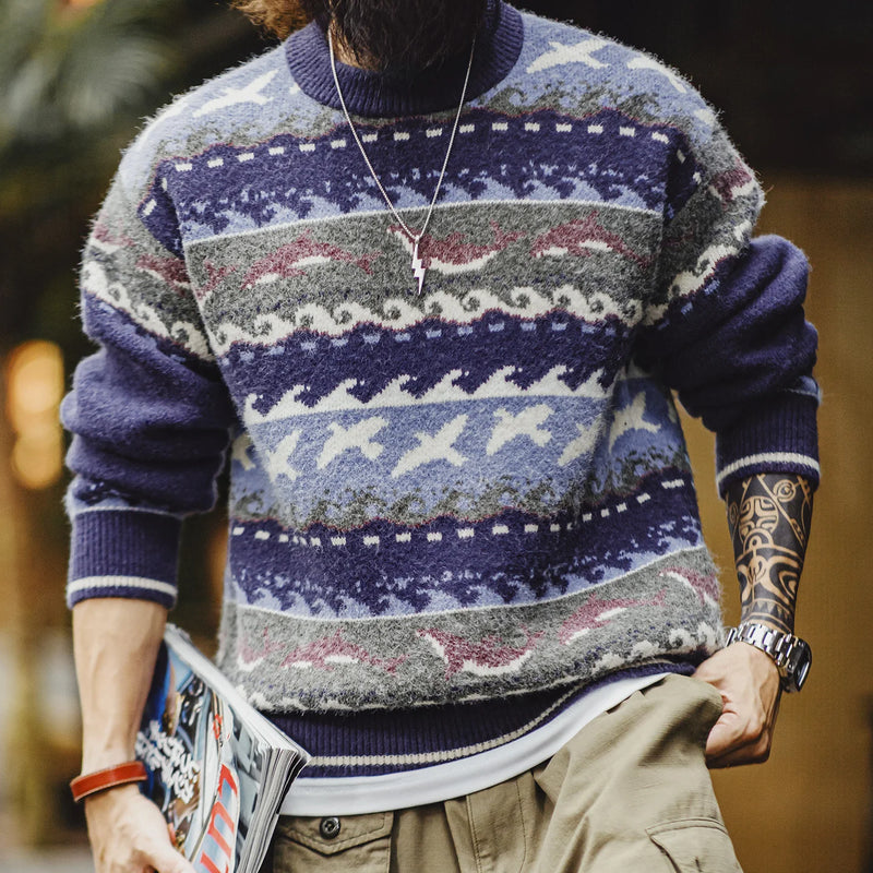 អាវយឺត Maden Vintage សម្រាប់បុរស ម៉ាក Fair Isle កមូល សាច់ទន់ ងាយស្រួលពាក់ សម្រាប់រដូវស្លឹកឈើជ្រុះ រដូវរងា ងាយស្រួលប្រើប្រាស់