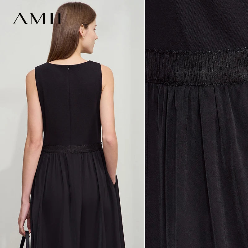 រ៉ូបនារី Amii Minimalist រដូវក្តៅឆ្នាំ ២០២៥ រ៉ូបការិយាល័យថ្មីសម្រាប់នារីការិយាល័យ ក U ចង្កេះស្ដើង ដៃអាវគ្មានដៃ កប្បាសរាងអក្សរ A ស្គម 12522044