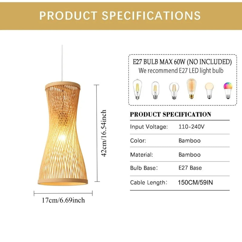 JOYINLED Japanese Style Bamboo Pendant Lamp Hand Woven Bamboo Art Lamp Shade for Chandelier Table Lamp Home Decor Light Fixture