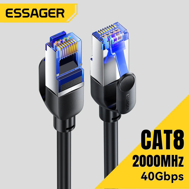 ខ្សែ Essager CAT8 Ethernet 40Gbps 2000MHz CAT 8 Networking Cord អ៊ីនធឺណិត LAN ធ្វើពីកប្បាស សម្រាប់កុំព្យូទ័រយួរដៃ PS 5 Router ខ្សែ RJ45