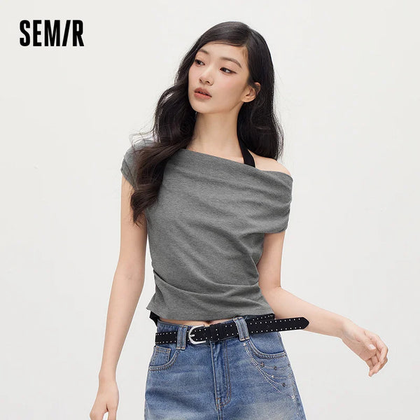 អាវយឺត Semir សម្រាប់នារី កអាវខ្លី កអាវមូល ស្លីម ទាន់សម័យ រដូវក្តៅ ឆ្នាំ២០២៦ អាវធម្មតា