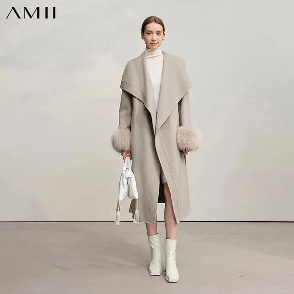 AMII Women's Coat 2026 Winter New Loose Long Versatile Women's Clothing With Belt Long Sleeve Wool Warm Elegant Jacket 12524040