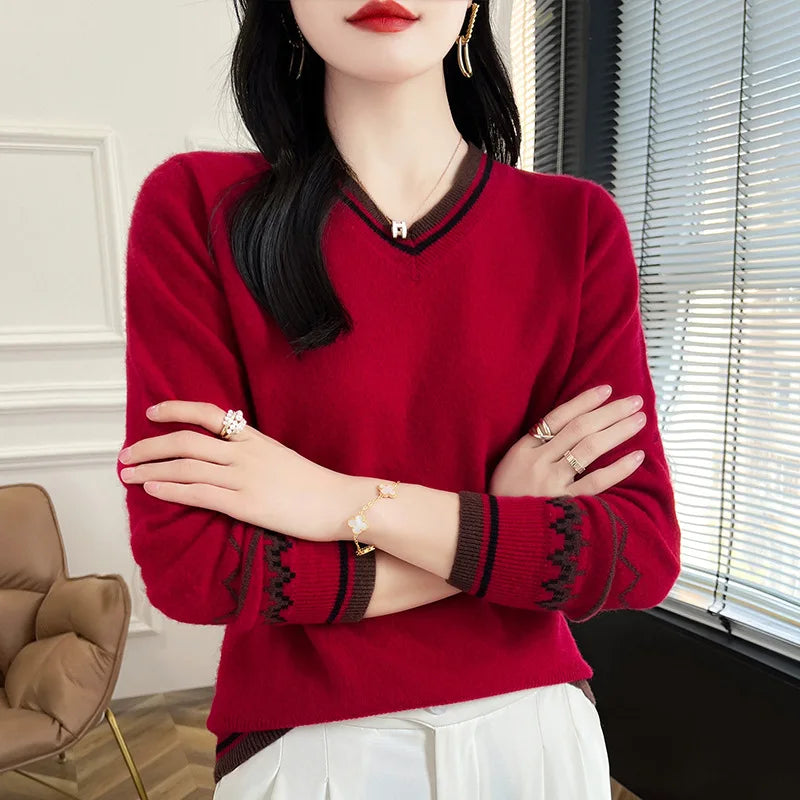 Fashion Hot Sweater Women Spring Autumn Outerwear Jumper Woolen Long Sleeve V Neck Tops Female Knitting Pullover Blouse
