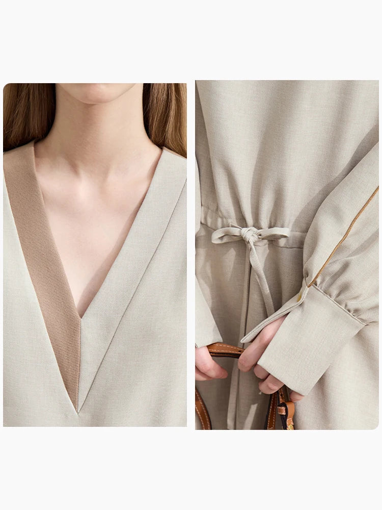 រ៉ូប AMII Minimalist សម្រាប់នារីធ្វើដំណើរទៅធ្វើការ ពណ៌ចម្រុះ ក V ខ្សែចង ធ្វើឱ្យស្លីម 2026 រដូវស្លឹកឈើជ្រុះ រ៉ូប Midi រលុង ស្រី 12443118