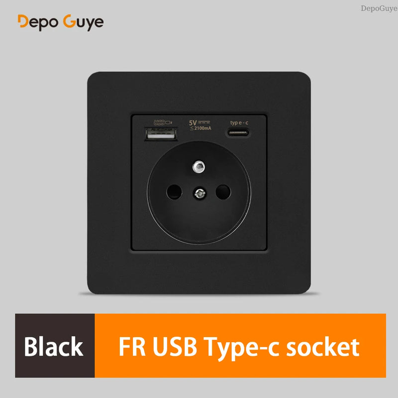 Retro EU French Standard Metal Double USB Wall Power Socket,Brushed Stainless Steel Antique Outlet with Type-c Usb Charing Port