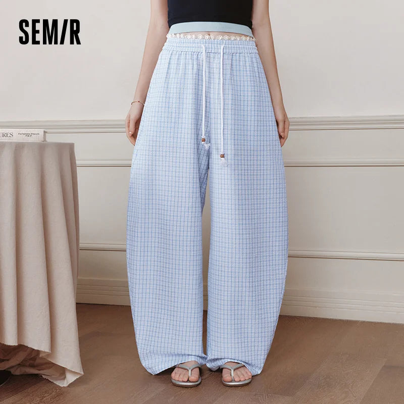 Semir Women Pants Textured Plaid Lace Trim Elastic Waist Loose Curved Summer 2026 Casual Long Trousers Bottoms Wear
