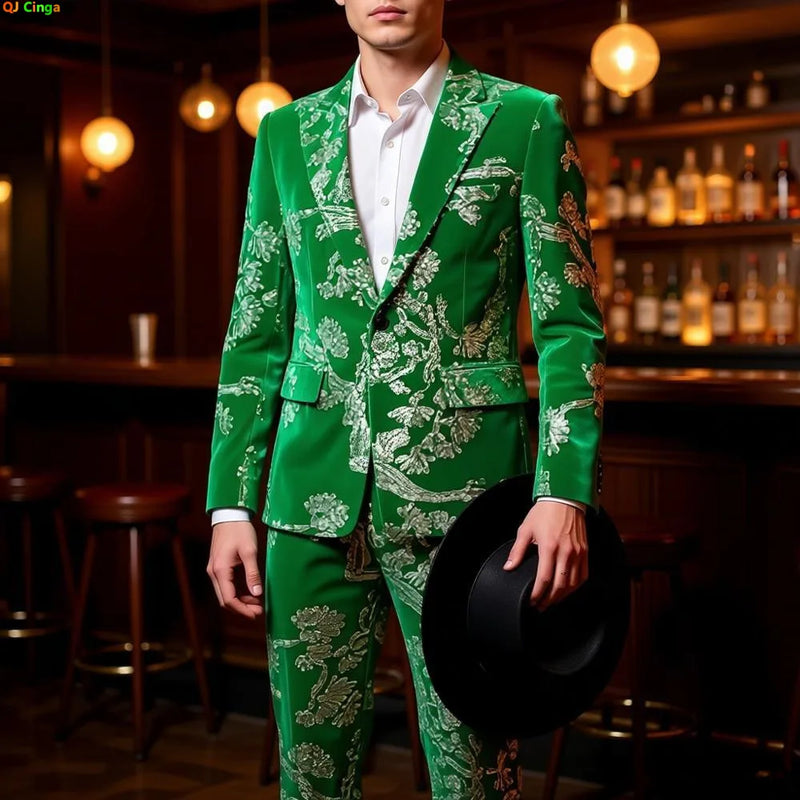 Luxurious Men's Green Two-piece Suit, Featuring A Jacket Embellished with Silver Circular Sequins and Matching Trousers.