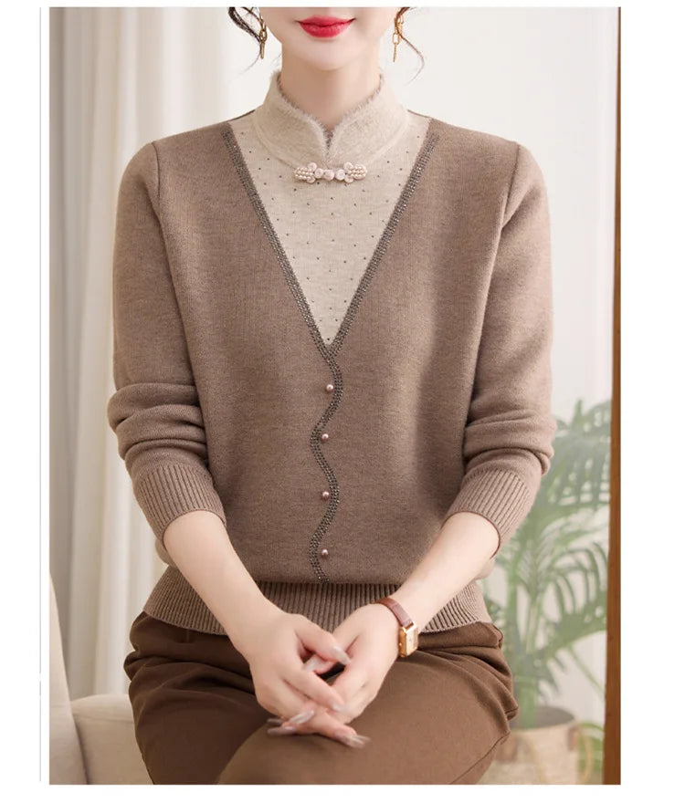 Korean Popular Clothes New Women Sweaters Autumn Winter Knitwear Top Basic Wear Fake Two Piece Middle Aged Mother Pullovers