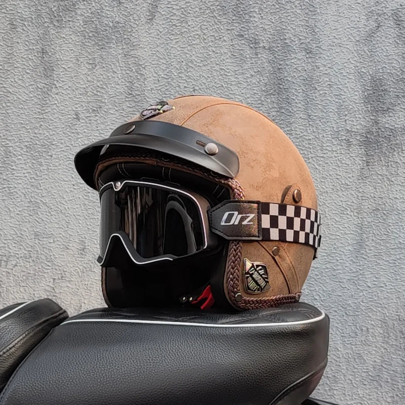 Motorcycle retro helmet PU leather 3/4 scooter half helmet couple helmet DOT approved M-XXL