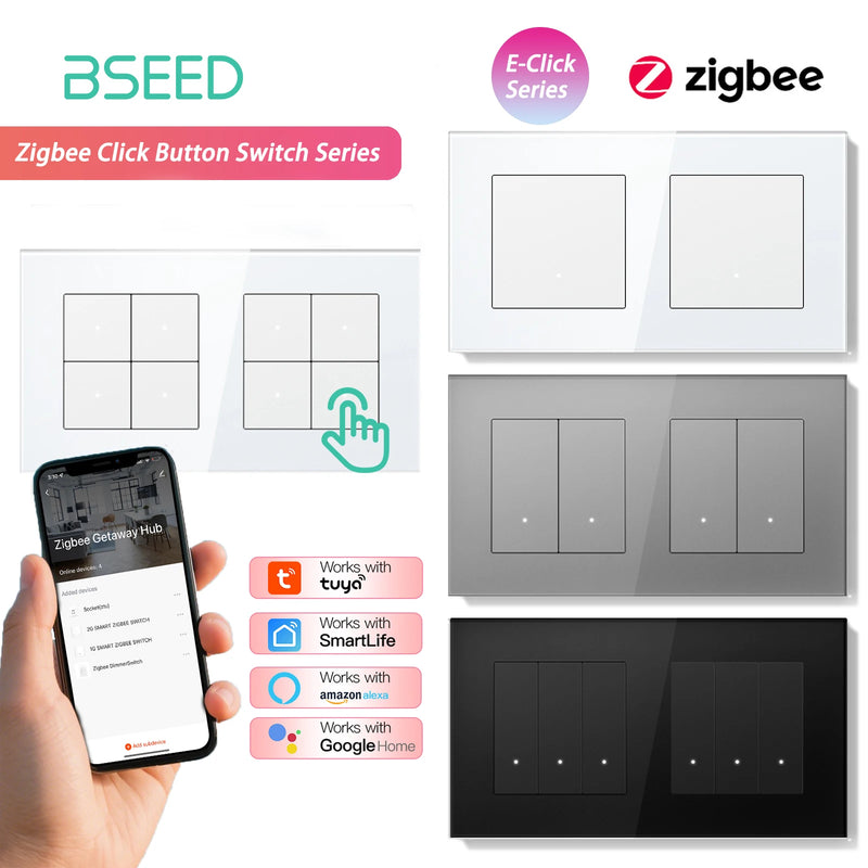 BSEED Zigbee Light Switch 1/2/3Gang 2Way Smart Click Button Switch Glass Panel White LED Indicator Tuya Smart Life Alexa Control