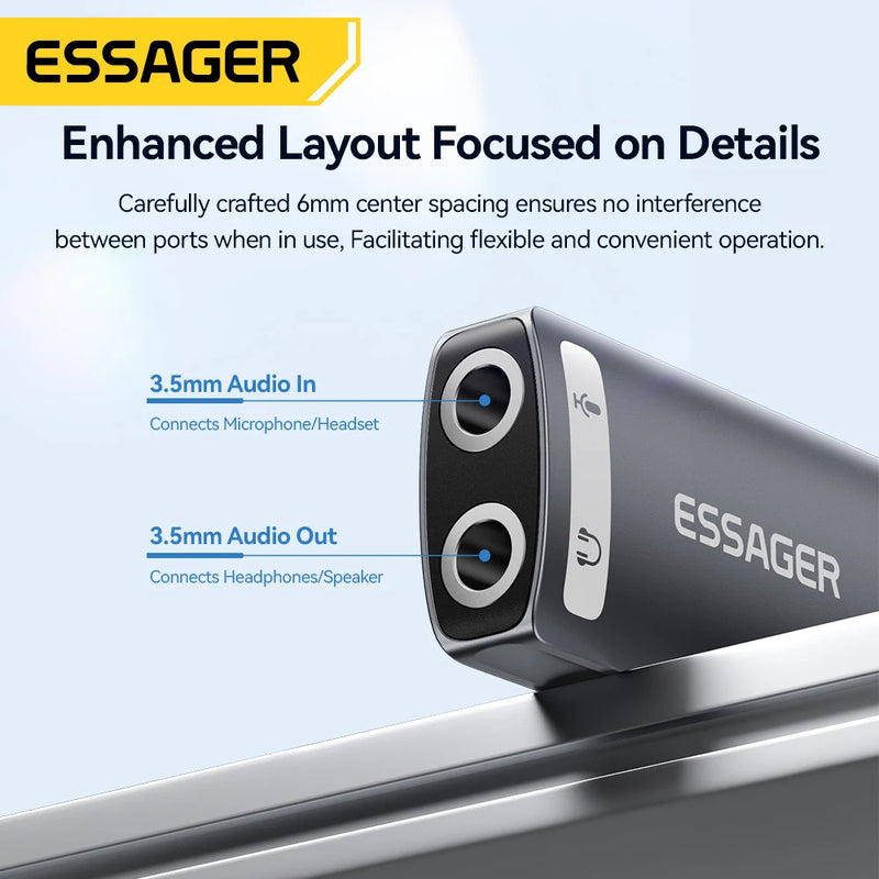 កាតសំឡេង Essager USB អាដាប់ទ័រ USB ខាងក្រៅ 3.5mm កាសស្តាប់ត្រចៀក មីក្រូហ្វូន ឧបករណ៍បំពងសម្លេង ចំណុចប្រទាក់អូឌីយ៉ូសម្រាប់កាតសំឡេងកុំព្យូទ័រកុំព្យូទ័រយួរដៃ PS4