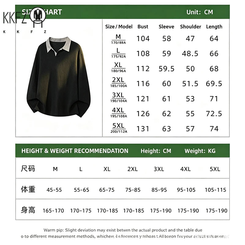 Male Rib Knit V Neck Polo Shirt Long Sleeve Contrast Plaid Collar Relax Fit Lightweight Streetwear Top