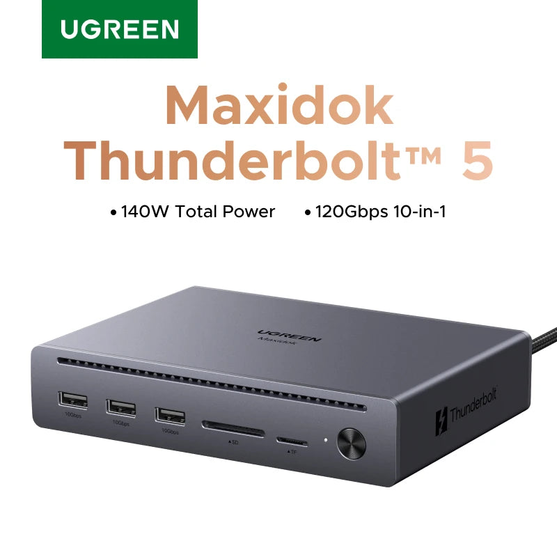 UGREEN Maxidok Thunderbolt 5 Docking Station 10-in-1 USB-C HUB 2xTBT5 140W 120Gbps 8K60Hz DP SD&TF Gigabit RJ45 for Laptop PC