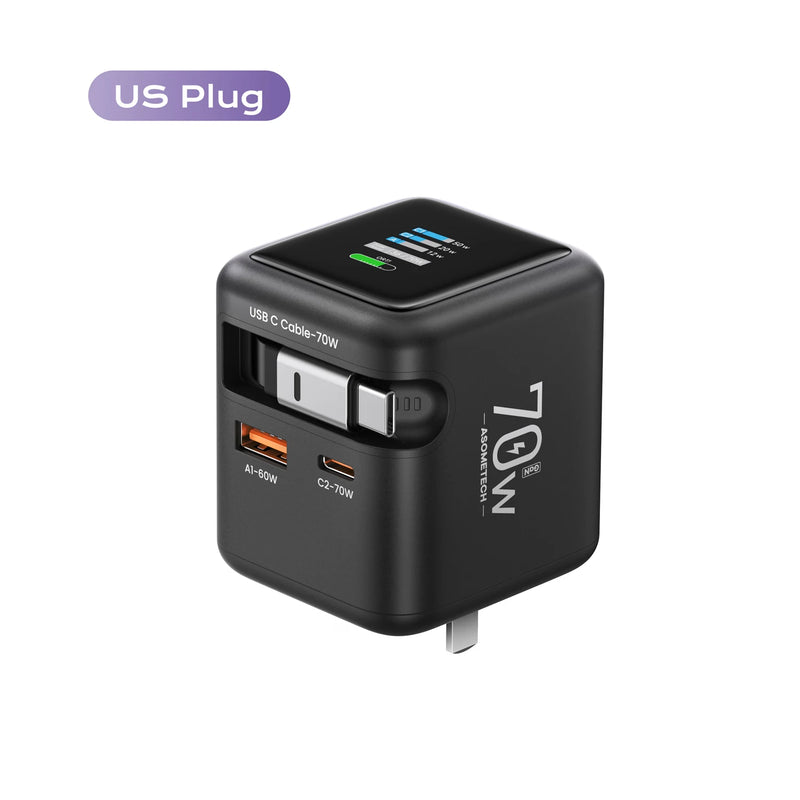 ឆ្នាំងសាកលឿន GaN 70W ជាមួយខ្សែ Type-C ដែលអាចដកថយបាន 3 ក្នុង 1 PD3.0 QC4.0 PPS សាកថ្មលឿនសម្រាប់ iPhone 16 15 14 Xiaomi ថេប្លេត កុំព្យូទ័រយួរដៃ