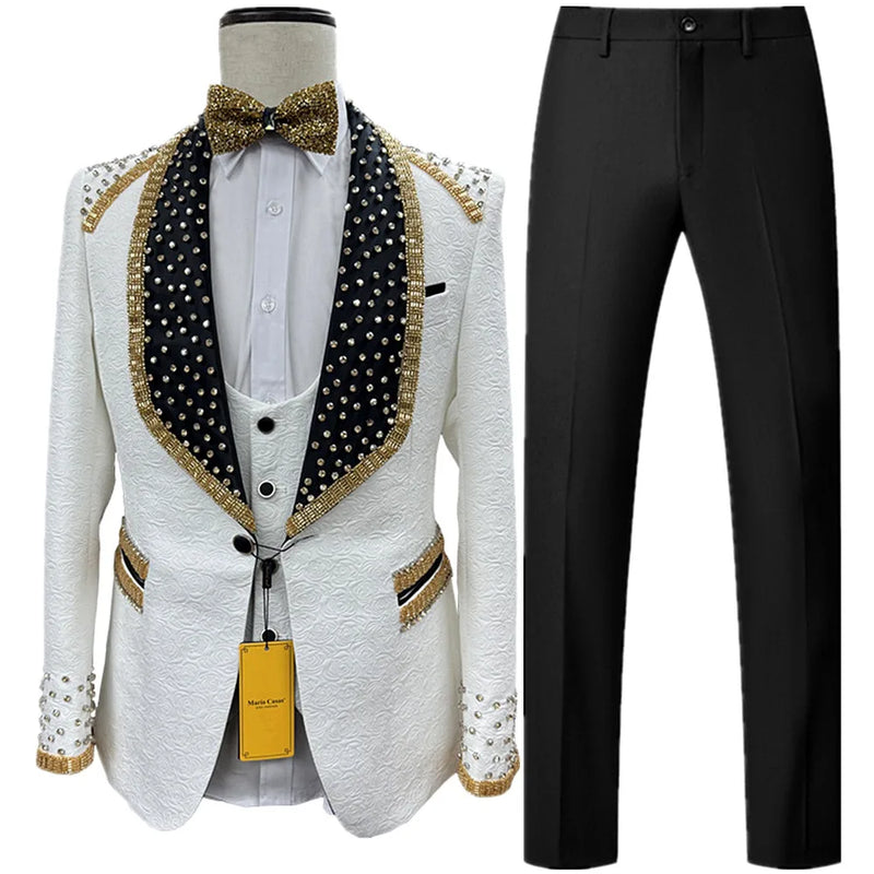 Men’s White Sequin & Crystal Embroidered Shawl Collar Blazer + Vest + Black Slim Fit Trousers - Dazzling Formal Suit Set