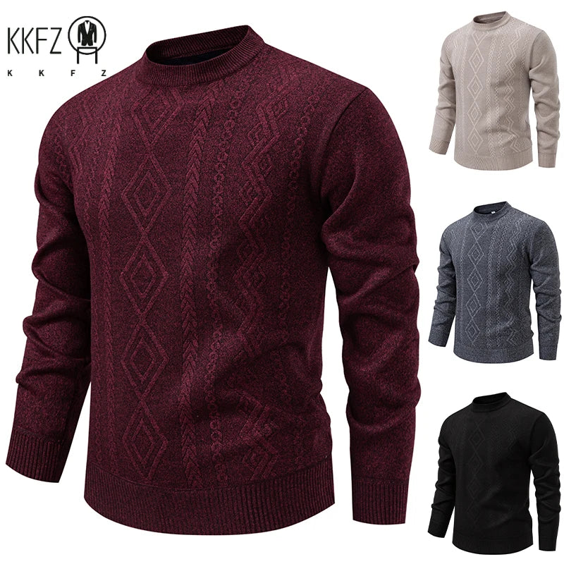 Wind Resistant Men Knitted Sweater Stretch Rib Hem Vertical Twist Jacquard Fleece Lined Office Daily Long Sleeve Top