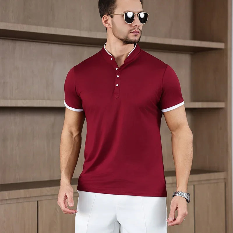2025 New Men's Casual and Fashionable Solid Color Short Sleeved Stand Up Collar T-shirt Summer Versatile and Comfortable Top