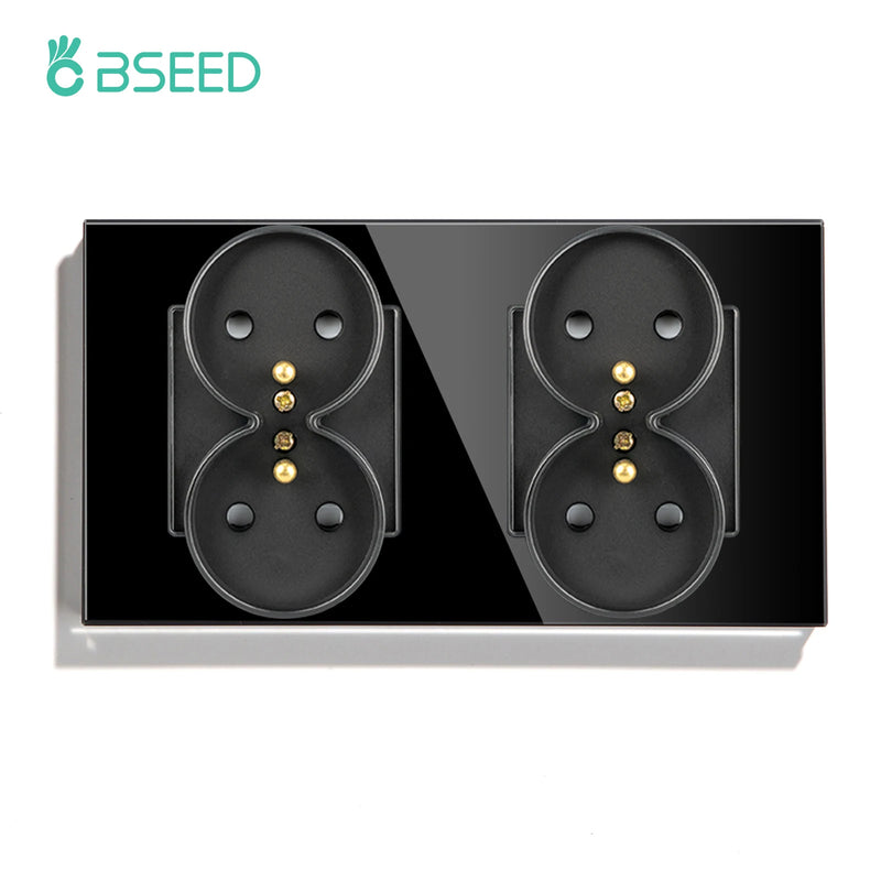 BSEED French Standard Single Wall Power Sockets Double Sockets Dual Electrical Outlets Glass Panel Children Protection 16A