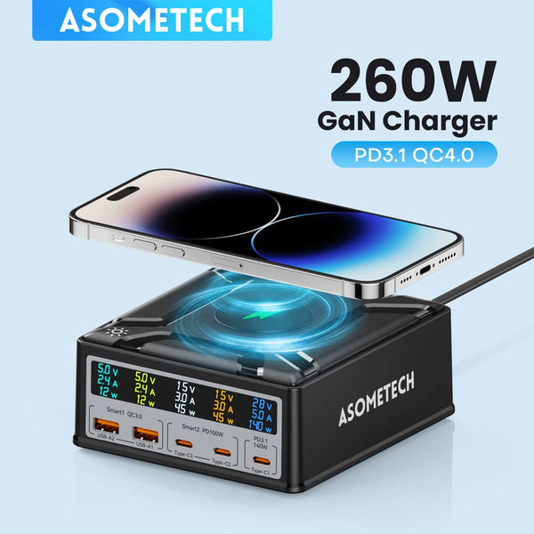 ស្ថានីយសាកថ្មឥតខ្សែ 5 រន្ធ USB C លឿន 260W ឆ្នាំងសាកឥតខ្សែ 140W PD3.1 USB C GaN ជាមួយអេក្រង់ LCD សម្រាប់ MacBook IPhone 14 13