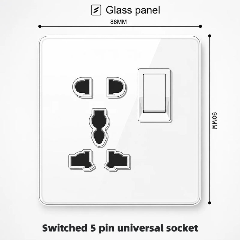 White Tempered Glass 2Way Wall Light Switch, UK Wall 18W Type-C Fast Charging USB Socket, Universal Electrical Outlet Plug 220V