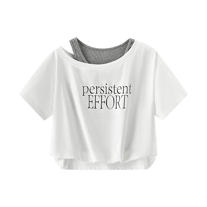 Semir Womens Tshirt 2026 Short Ruffle Oversized Letter Fake Two Piece Oblique Shoulder Stylish Slim Fit Casual