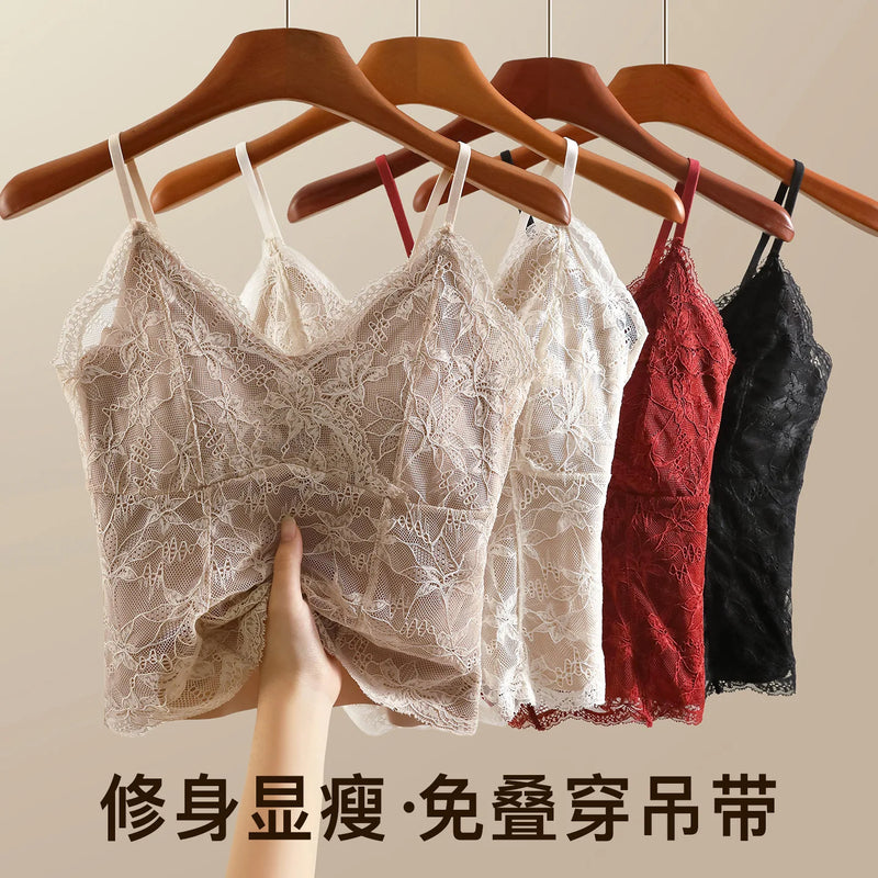 Sexy Spice Girl Lace Suspender Beauty Back Vest Integrated with Chest Pad Slim Bottom Tub Top One Piece Pajamas Women Nightwear