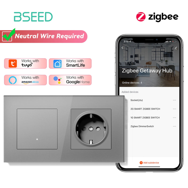BSEED 1/2/3/4Gang Zigbee Smart Click Button Switch With EU Socket Glass Panel White LED Indicator Tuya Smart Life Alexa Control