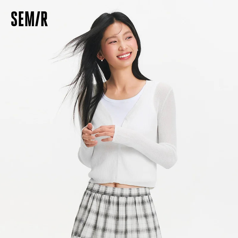 Semir Women Cardigan Short Slim Solid Lace V Neck Regular Shoulder Simple Layered Top 2026 Soft Breathable Fashion Wear