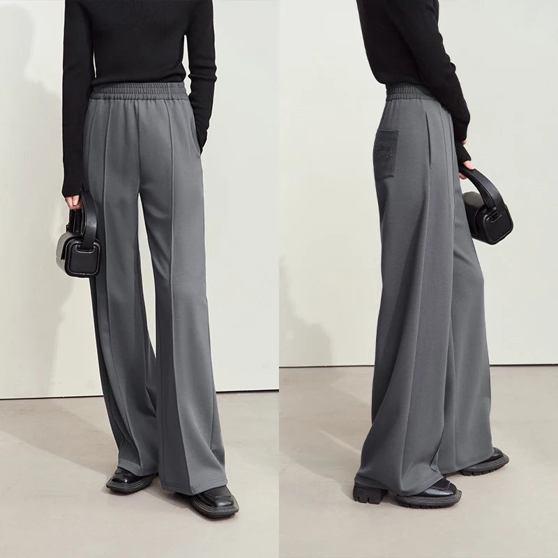 AMII Minimalist Women's Autumn New Casual Pants 2026 New Elastic Waist Letter Embroidery Straight Pleated Pants Female 12443086