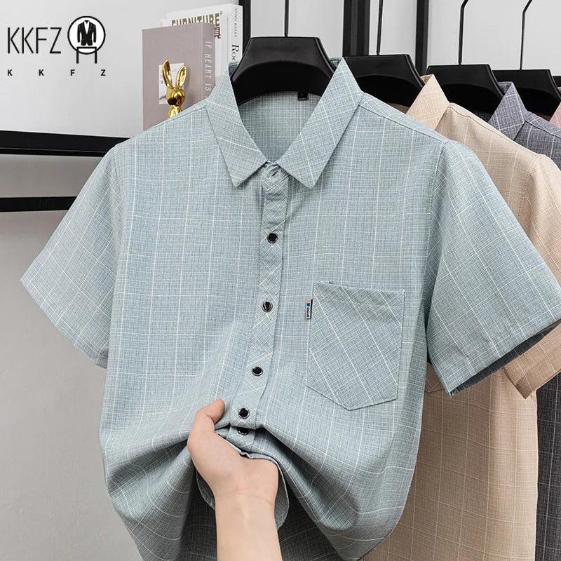 Mens Regular Fit Plaid Pattern Short Sleeve Shirt Turn Down Collar Tops For Men Daily Office And Work