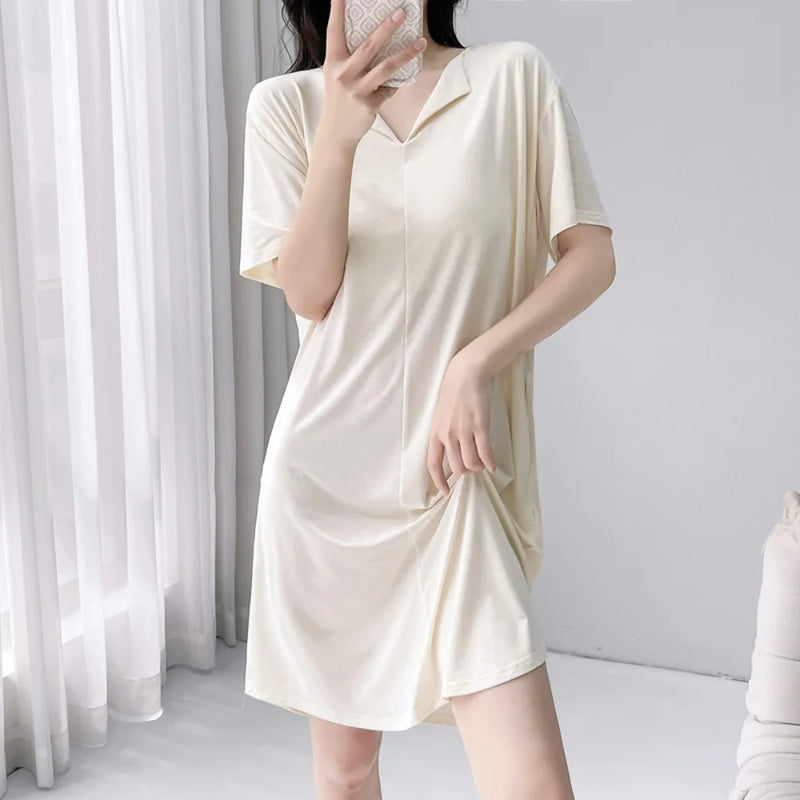 Elegant Chest Pad Short Sleeve Sleepwear Women's Nightgowns One Piece Pajamas Dress Solid Color Summer Thin Loungewear Female