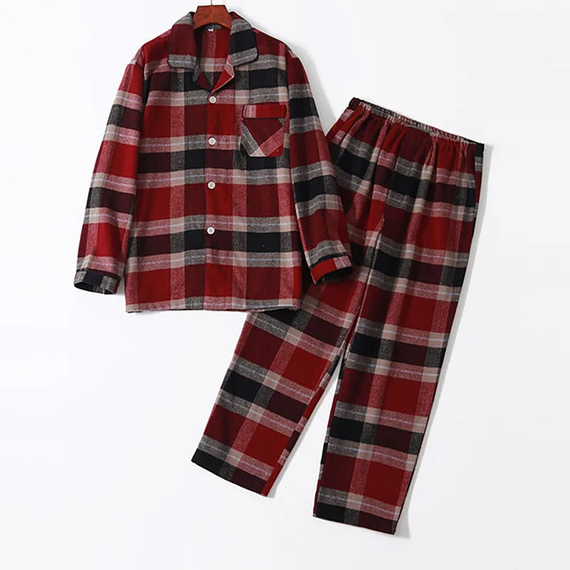 Plaid Spring Autumn Women's Cotton Pajamas Casual Men Sleepwear Pijamas Long Sleeved Trousers Set Couple's Warm Home Clothes