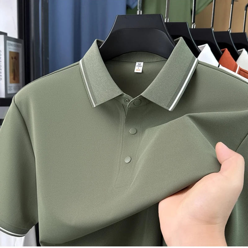Men’s Slim Fit Polo Shirt with Contrast Collar Wrinkle-Free, Odor-Resistant Business Casual Top Sun-Friendly Fabric