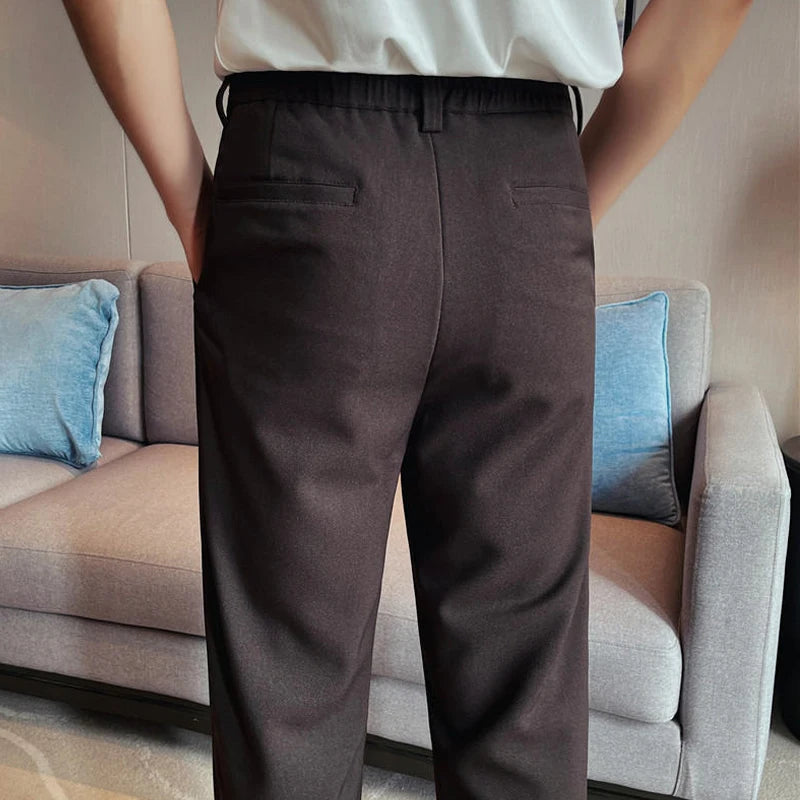 Men's Old Money Style Straight-Leg Trousers – Wrinkle-Resistant Drapey Fabric with Elastic Waist for Summer